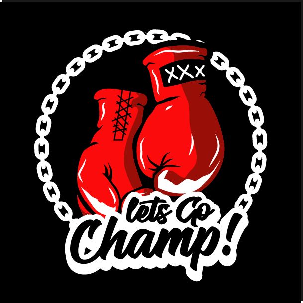 Let's go champ! Red boxing gloves inside a chain circle