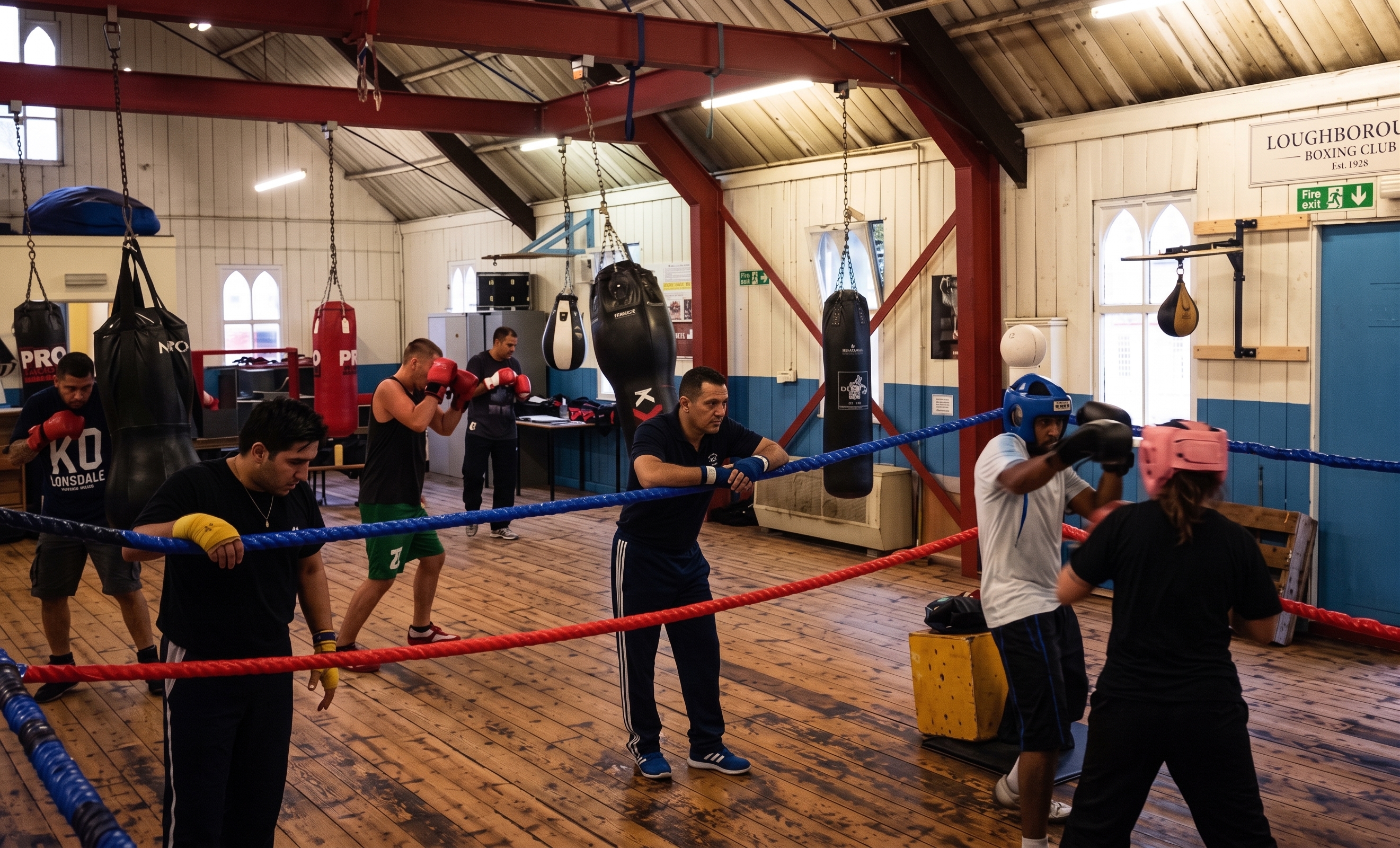 Coaches and members training inside Loughborough Boxing Club